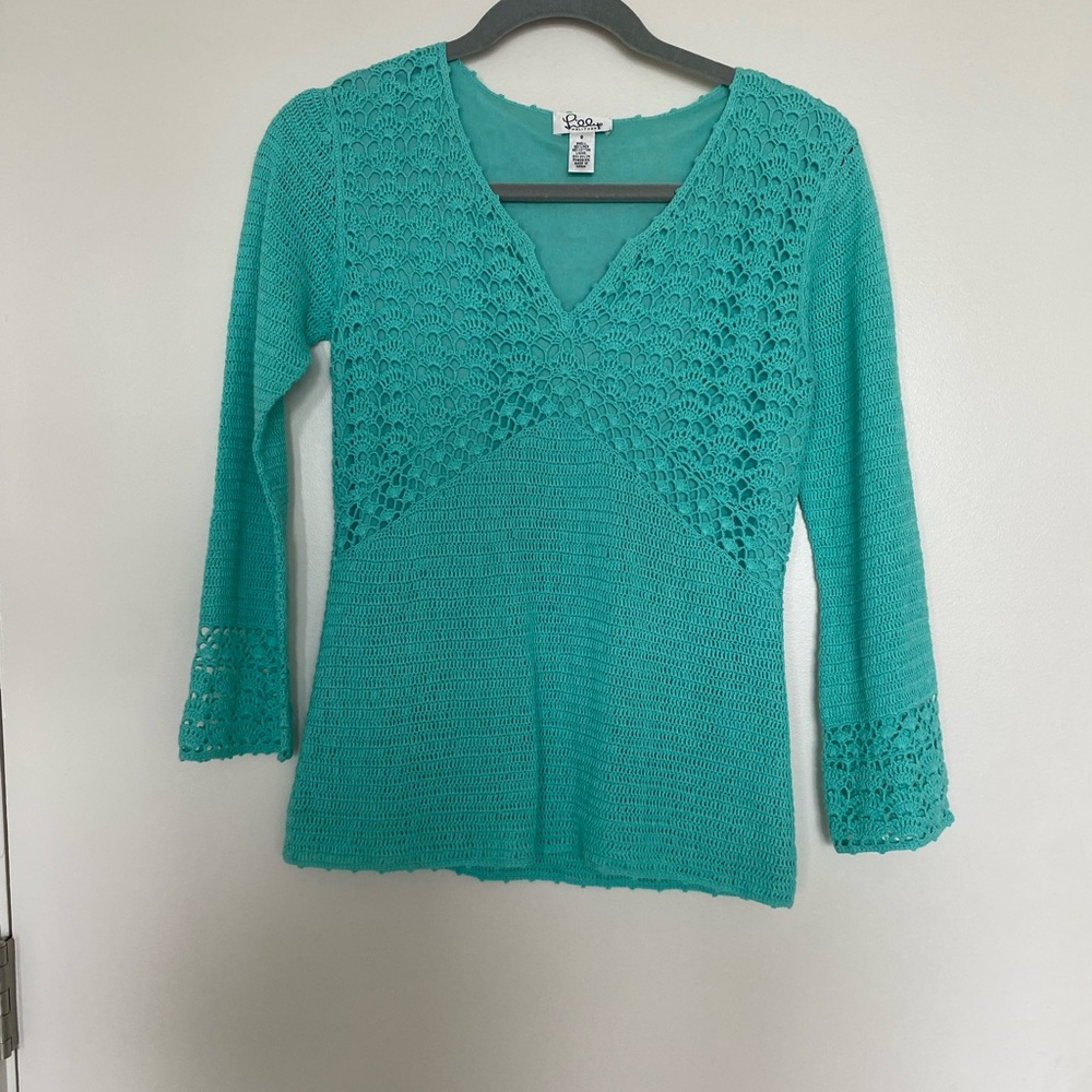 Lilly Pulitzer Light Green/Teal V-Neck Sweater with 3/4 Sleeves & Lace Detail- S